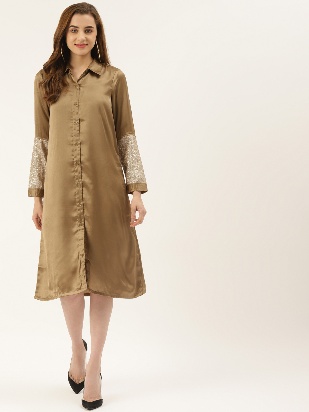 

KHUMAAR Shuchi Bhutani-Golden Satin Shirt Dress, Gold