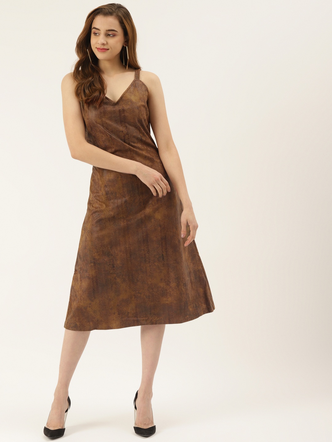 

KHUMAAR Shuchi Bhutani Brown Animal A-Line Midi Dress