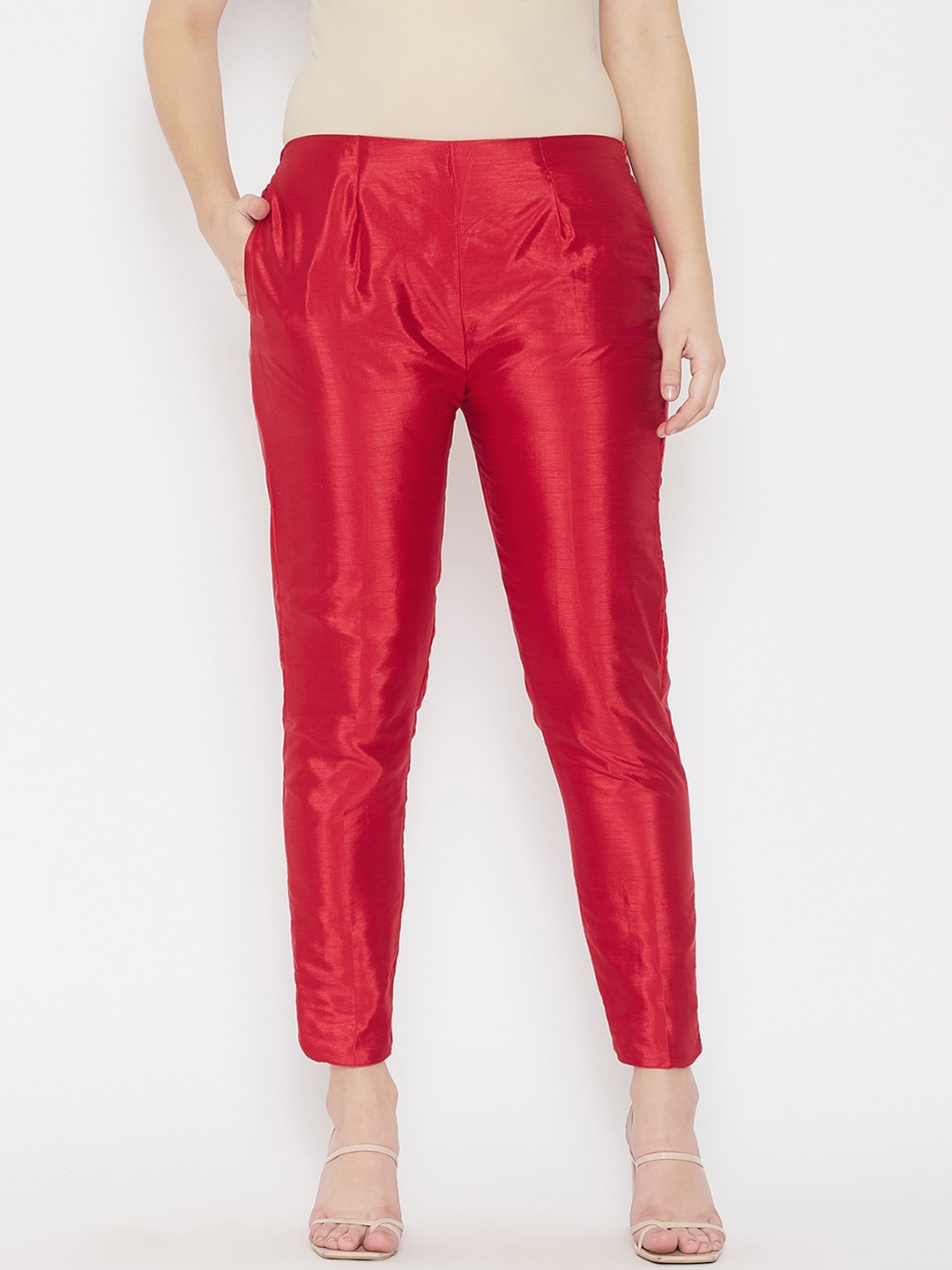 

TULIP 21 Women Red Smart Tapered Fit Easy Wash Pleated Trousers