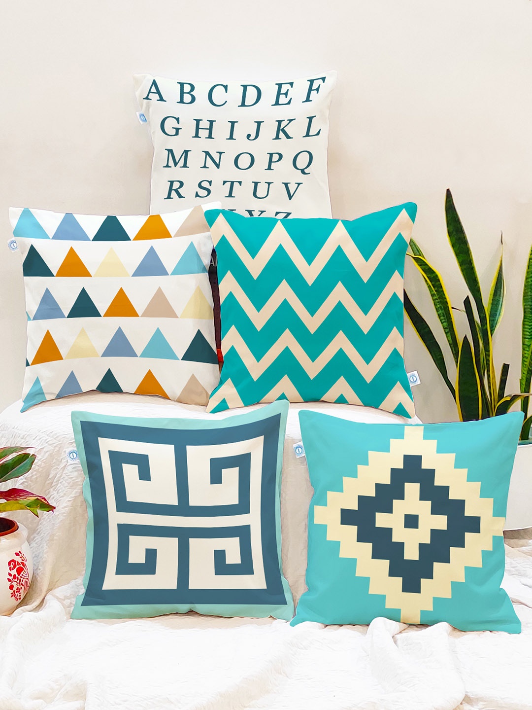 

STITCHNEST Blue & Beige Set of 5 Geometric Square Cushion Covers
