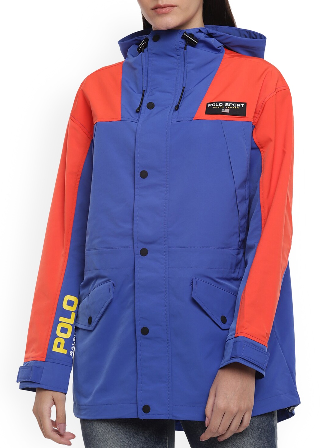

Polo Ralph Lauren Women Blue Colourblocked Lightweight Longline Tailored Jacket with Patchwork