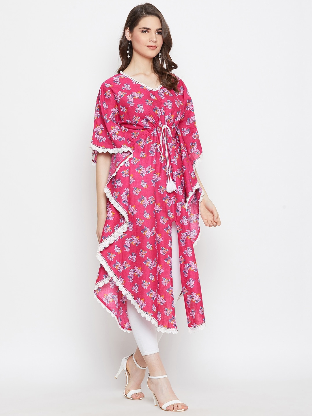

The Kaftan Company Women Pink & White Floral Printed Flared Sleeves Floral Kaftan Kurta