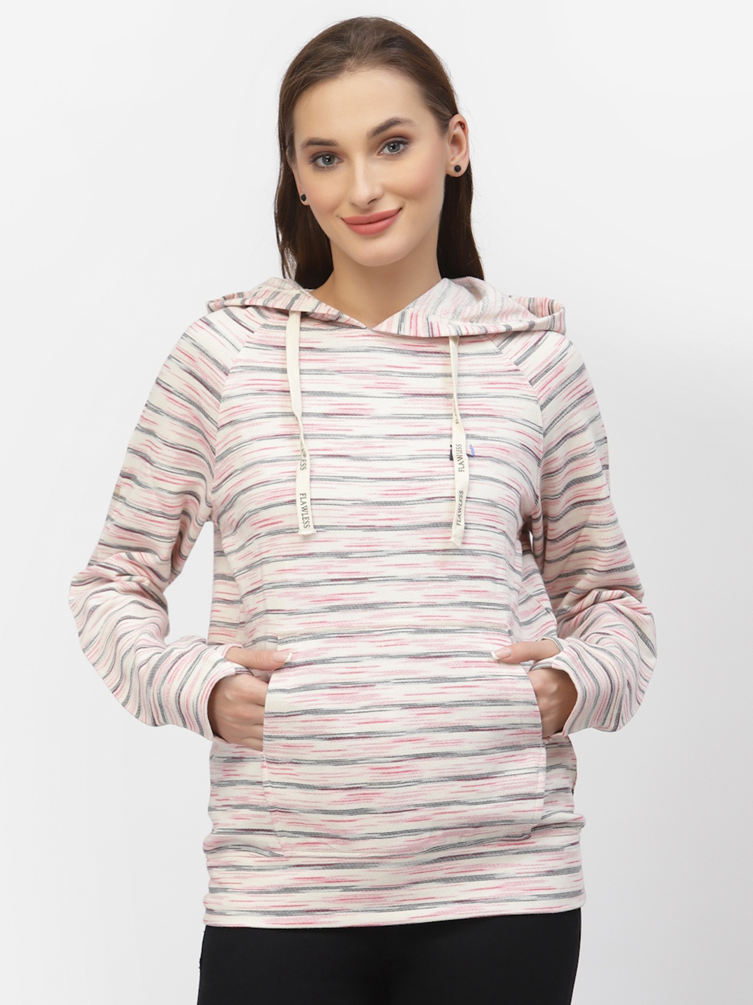 

FLAWLESS Women Pink Striped Hooded Sweatshirt
