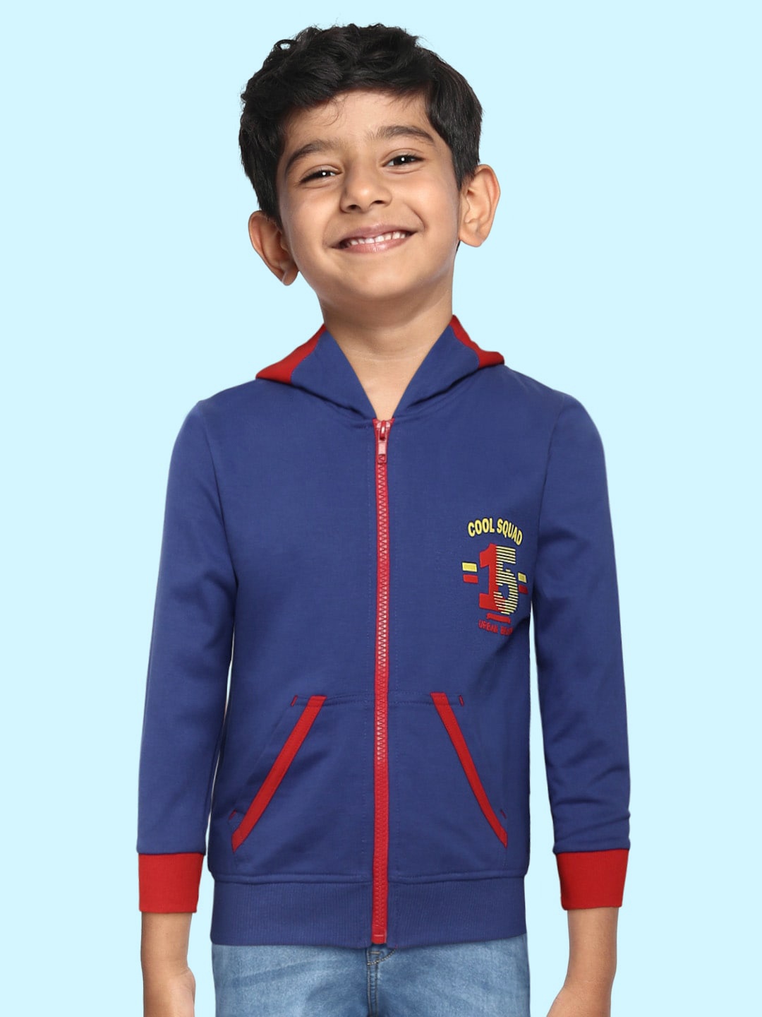 

toothless Boys Blue & Red Pure Cotton Solid Hooded Open Front Jacket