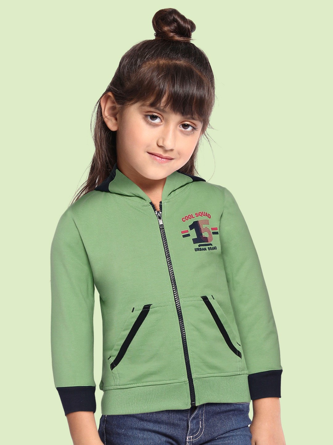 

toothless Girls Green & Navy Blue Cotton Hooded Sweatshirt