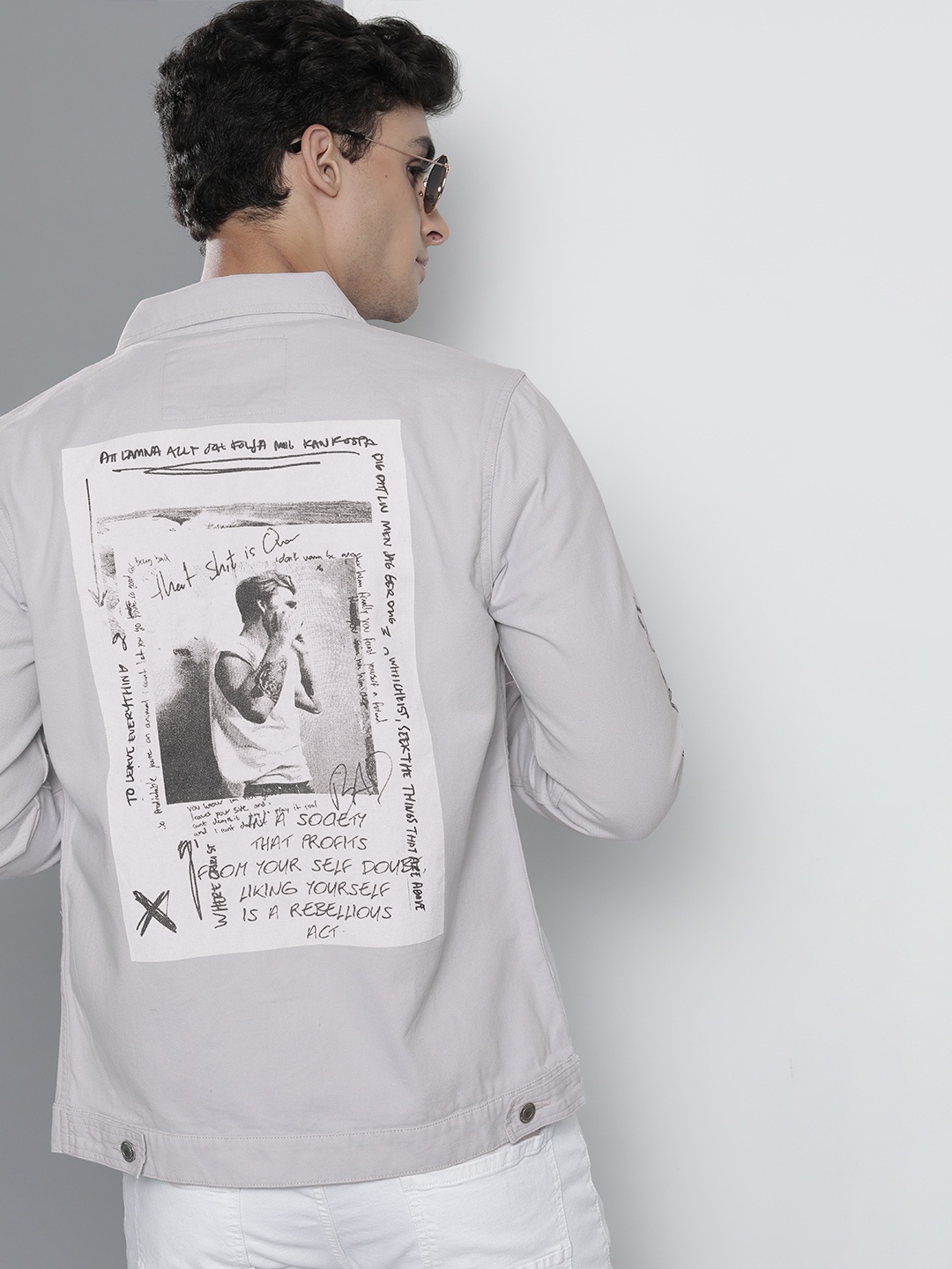 

The Indian Garage Co Men Grey & White Typography Print Back Cotton Tailored Jacket