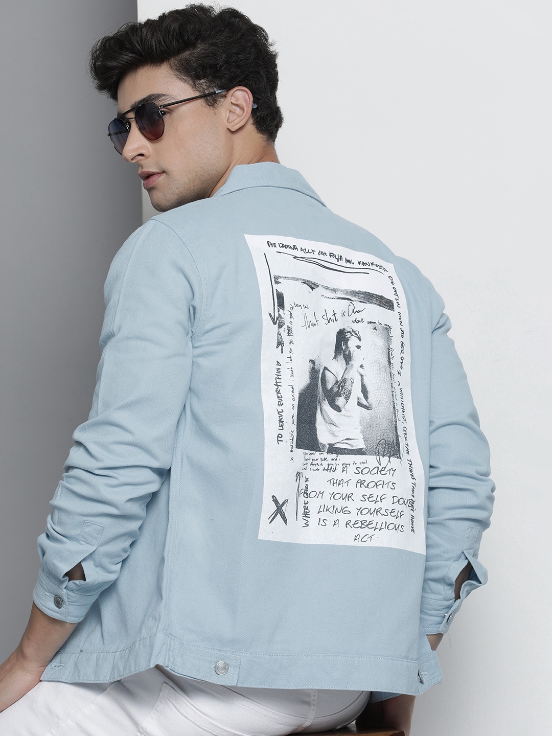 

The Indian Garage Co Men Blue & White Typography Print Back Cotton Tailored Jacket