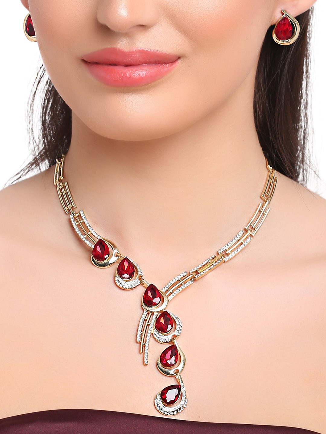 

Shining Diva Fashion Woman Red Gold Plated Crystal Jewellery Set