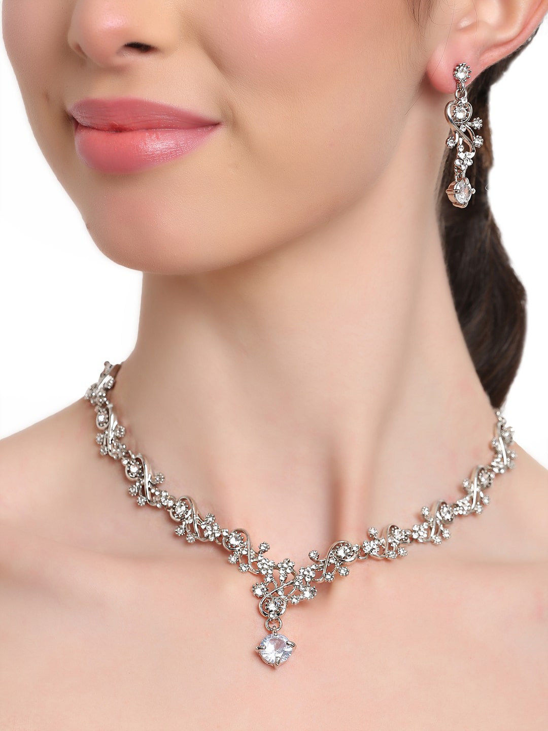 

Shining Diva Fashion Latest Silver Plated Crystal Jewellery Set