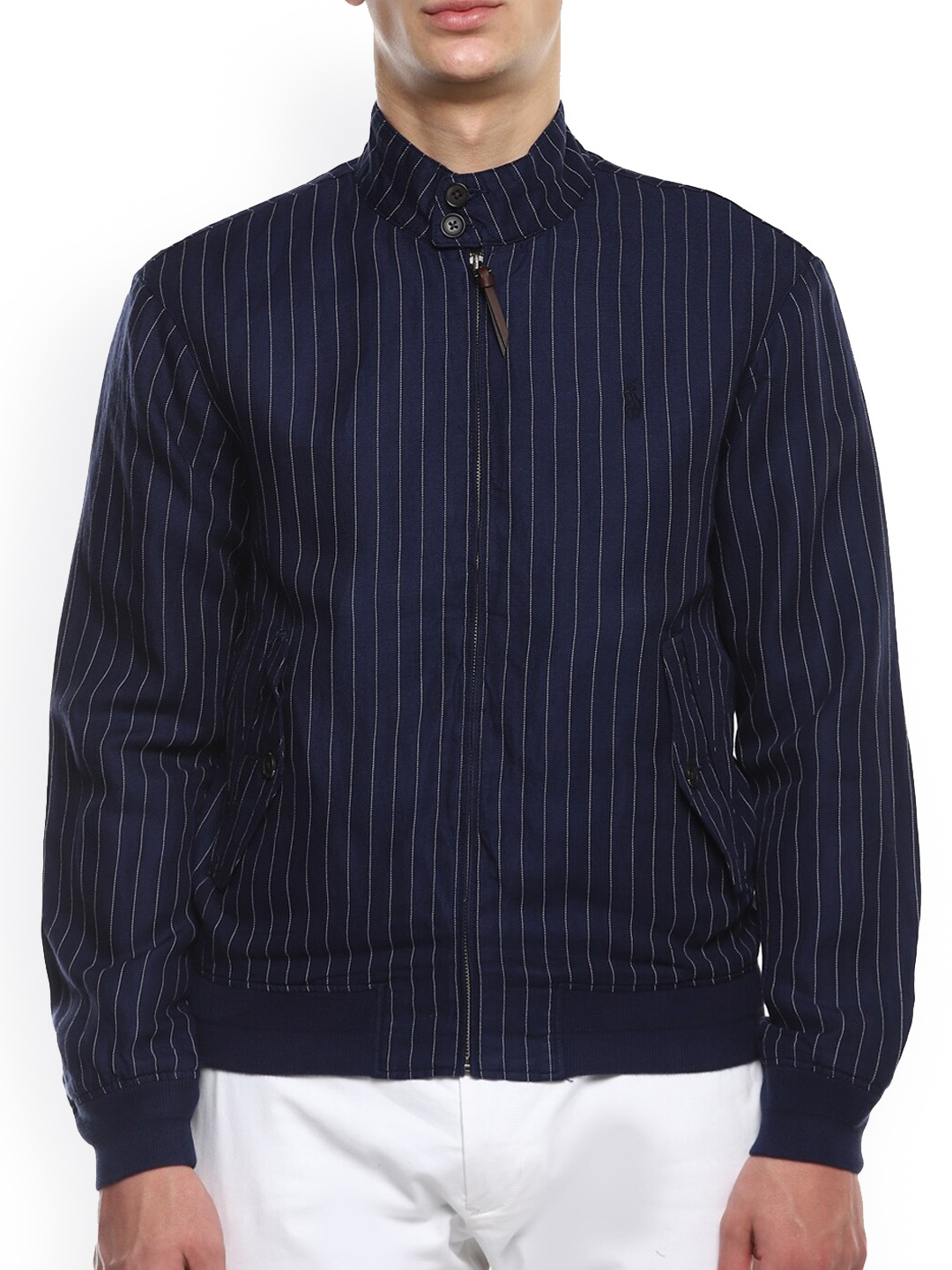 

Polo Ralph Lauren Men Navy Blue White Striped Bomber Jacket