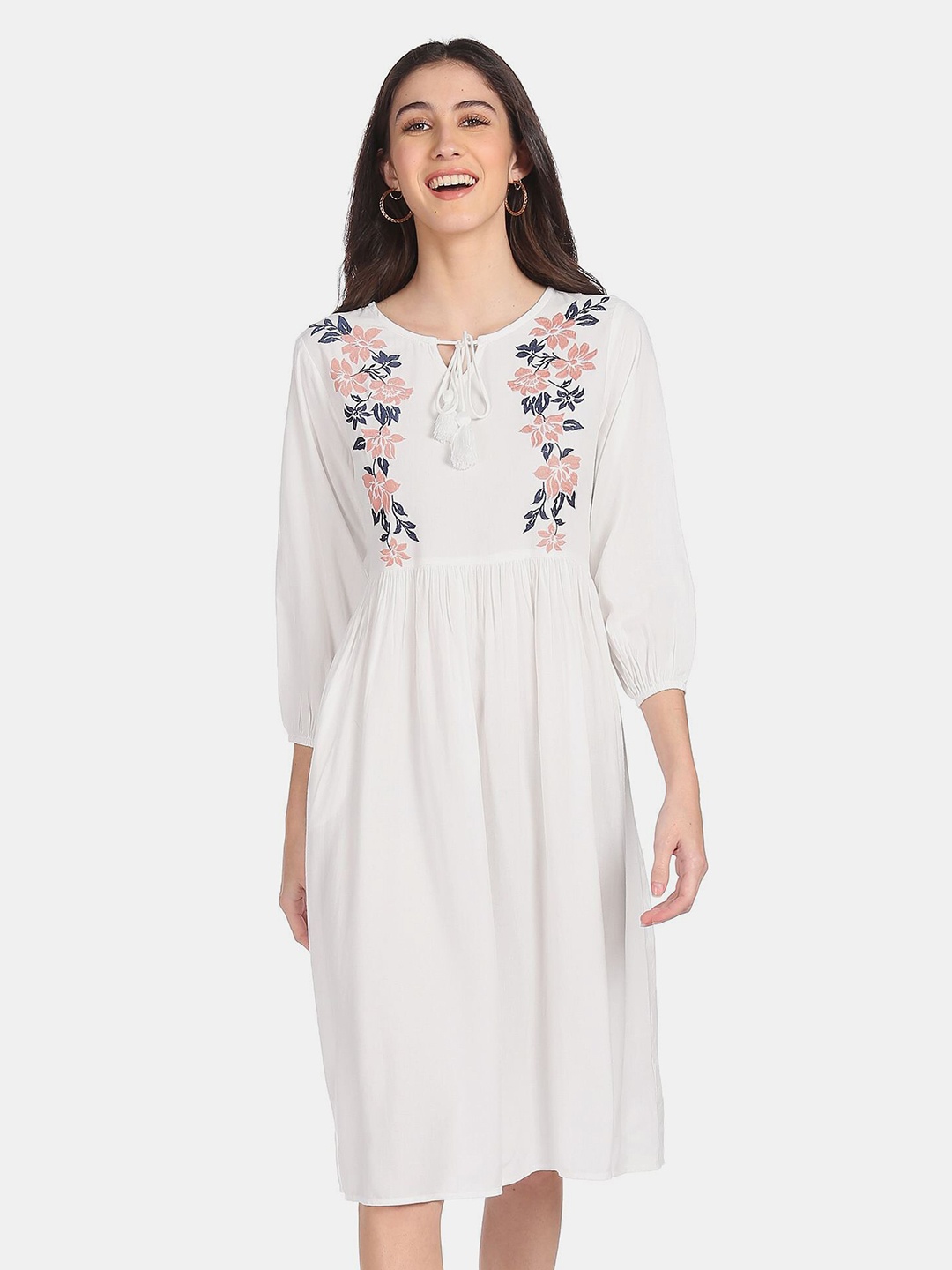

Flying Machine White & Peach-Coloured Floral Embroidered Tie-Up Neck Dress