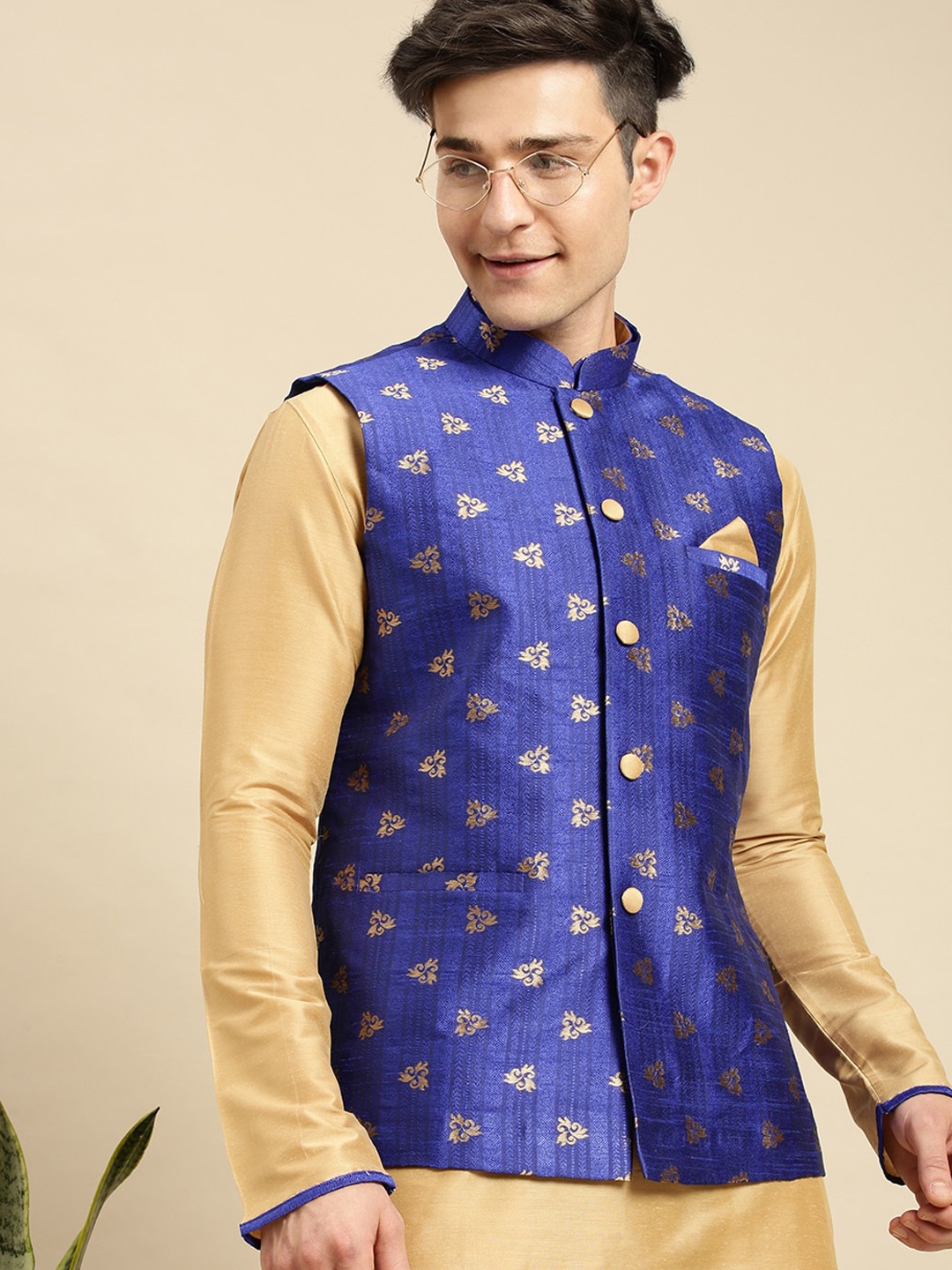 

Sanwara Men Beige Kurta with Churidar & Nehru Jacket