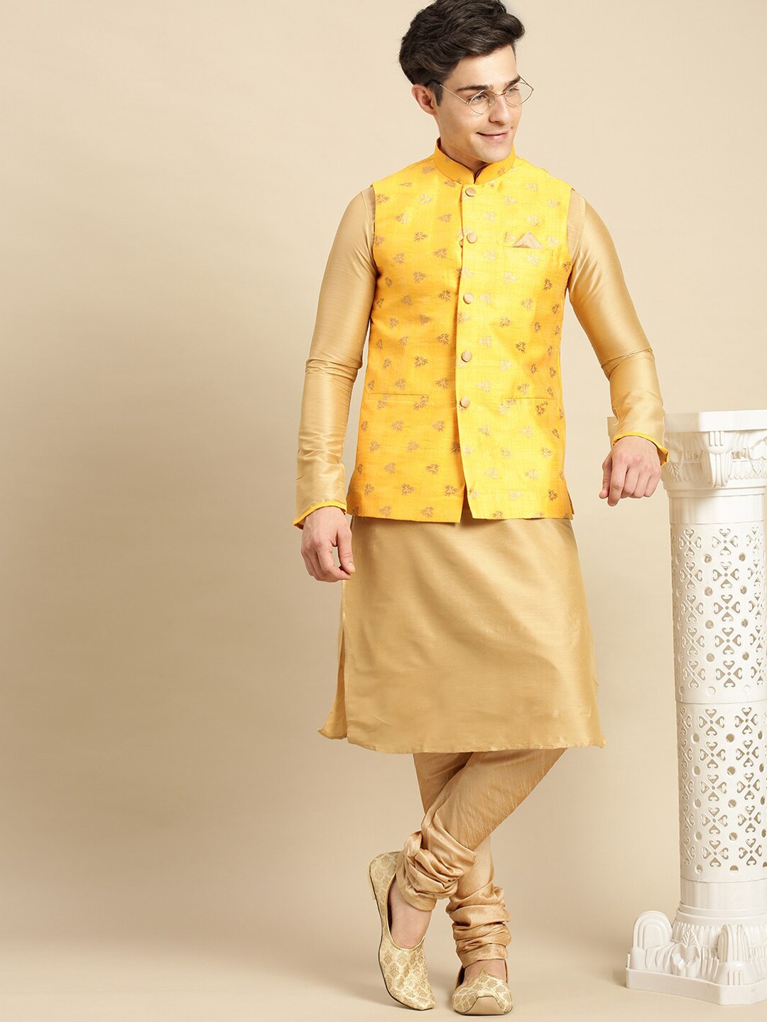 

Sanwara Men Beige Kurta with Churidar & Nehru Jacket