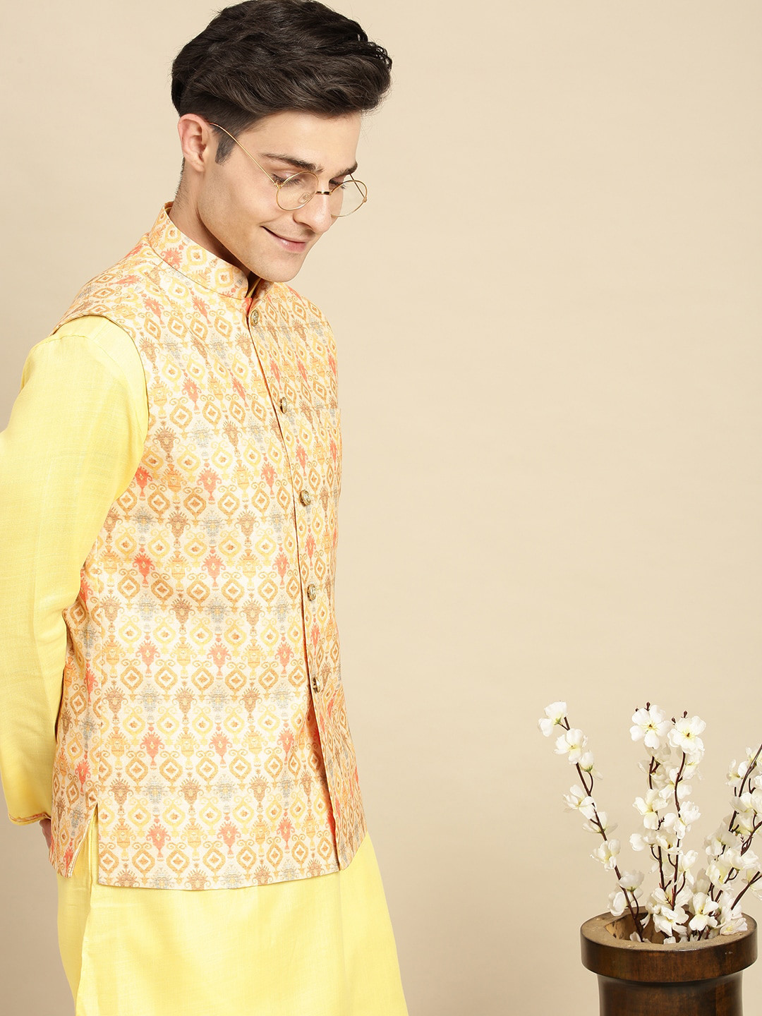 

Sanwara Men Yellow Printed Kurta with Churidar & Nehru Jacket