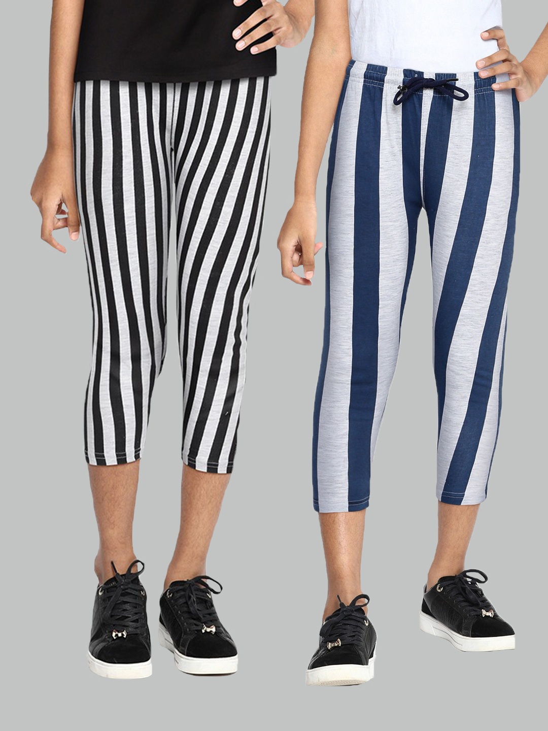 

SEYBIL Girls Grey Melange & Blue Pack of 2 Printed Capris