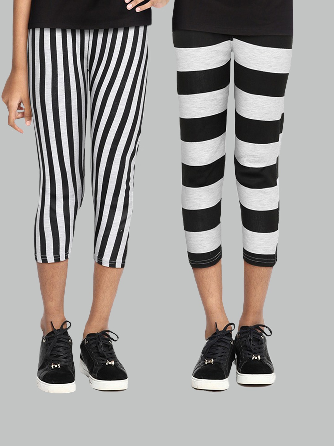 

SEYBIL Girls Pack of 2 Grey Melange & White Striped Capris