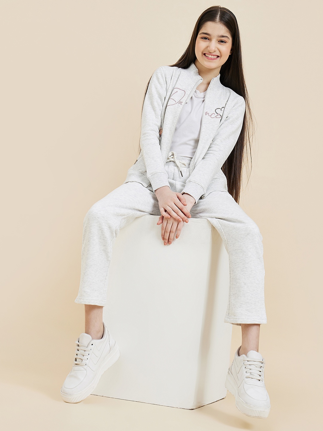 

Sweet Dreams Girls Grey Melange & Beige Printed Tracksuit