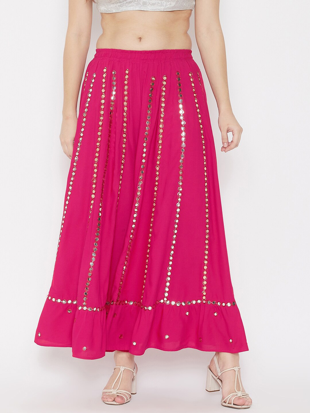 

TULIP 21 Women Pink & Silver-Toned Embroidered Flared Ethnic Palazzos