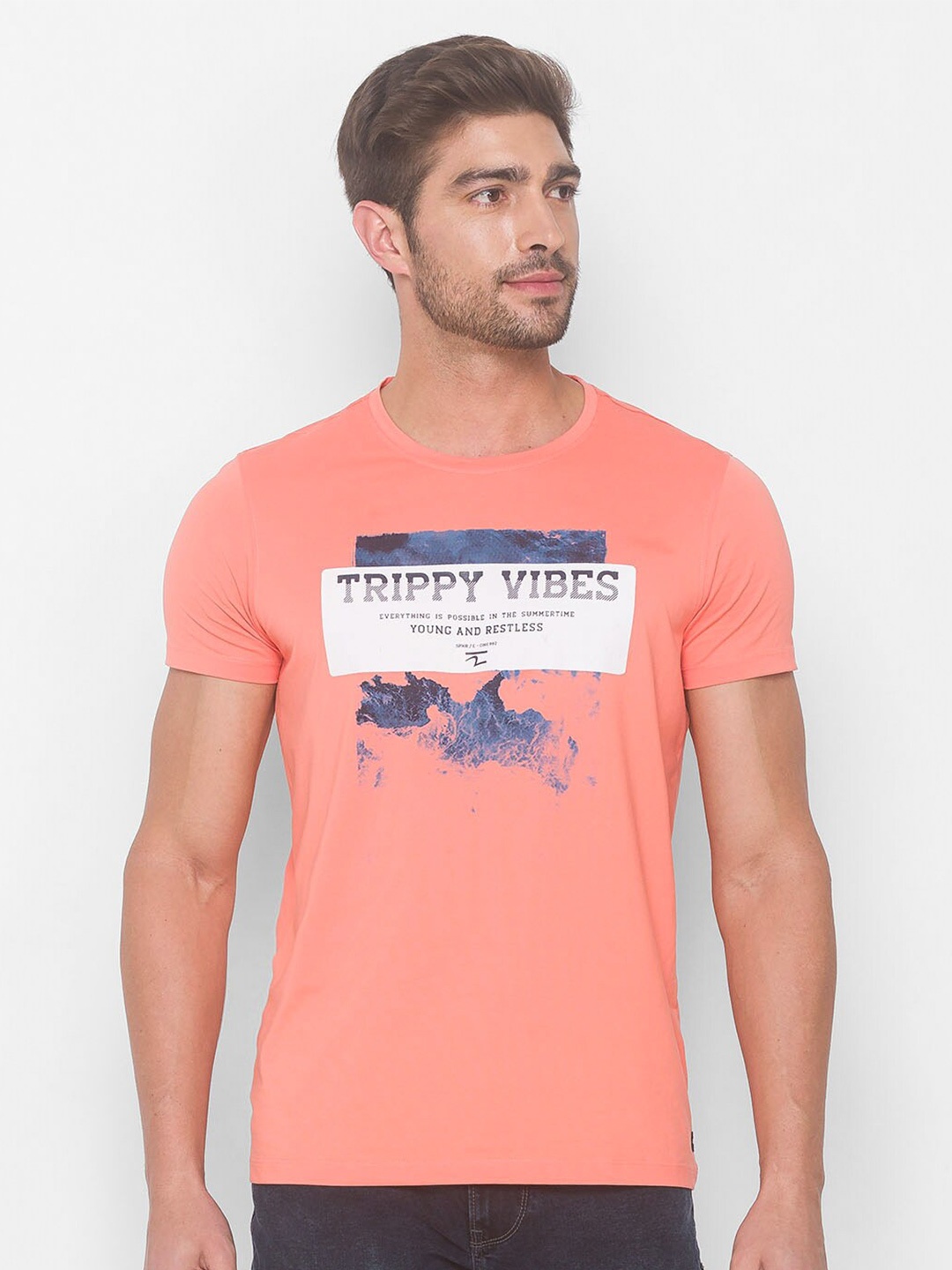 

SPYKAR Men Coral & White Printed Slim Fit T-shirt