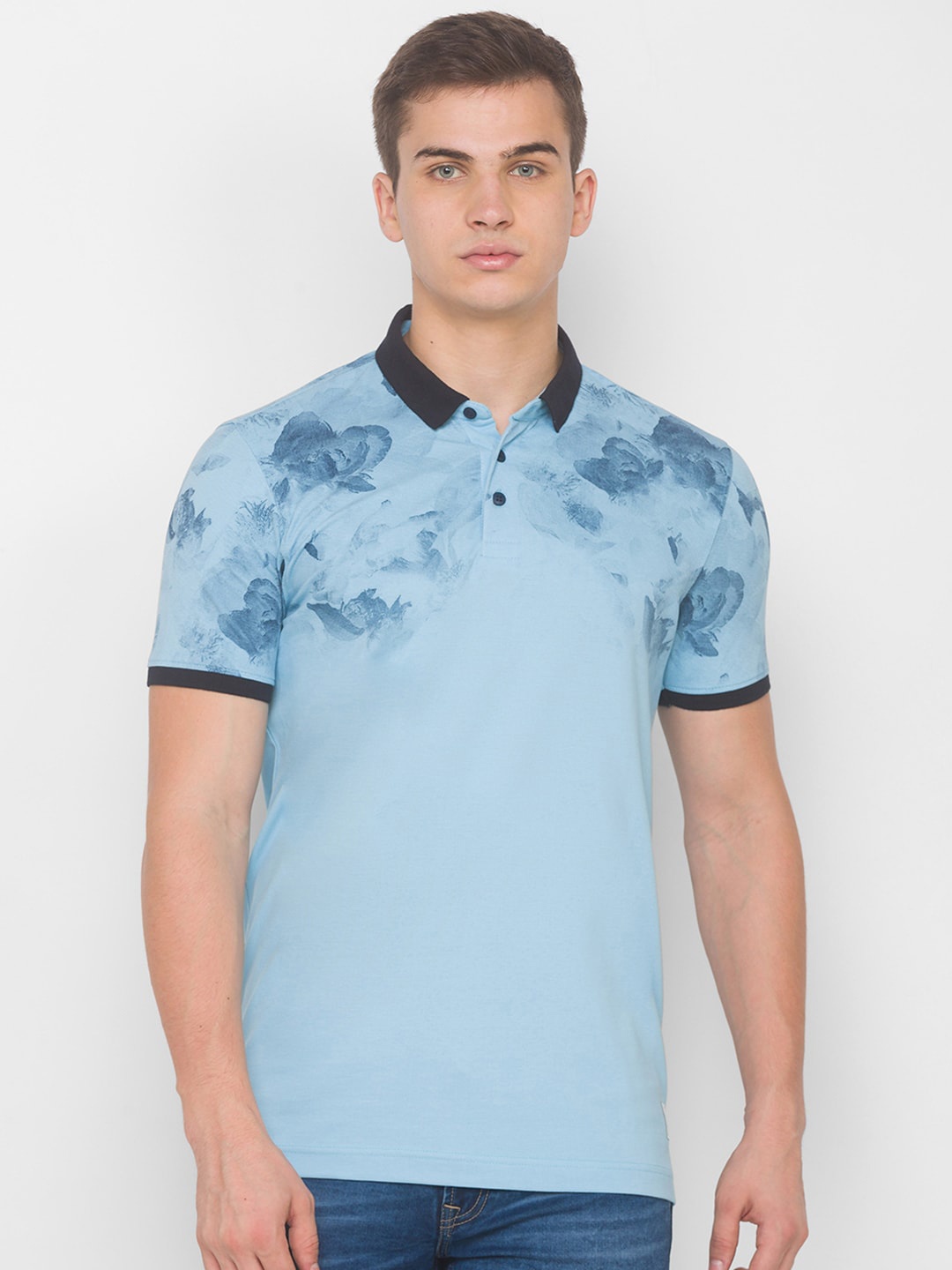 

SPYKAR Men Blue Floral Printed Polo Collar Slim Fit T-shirt