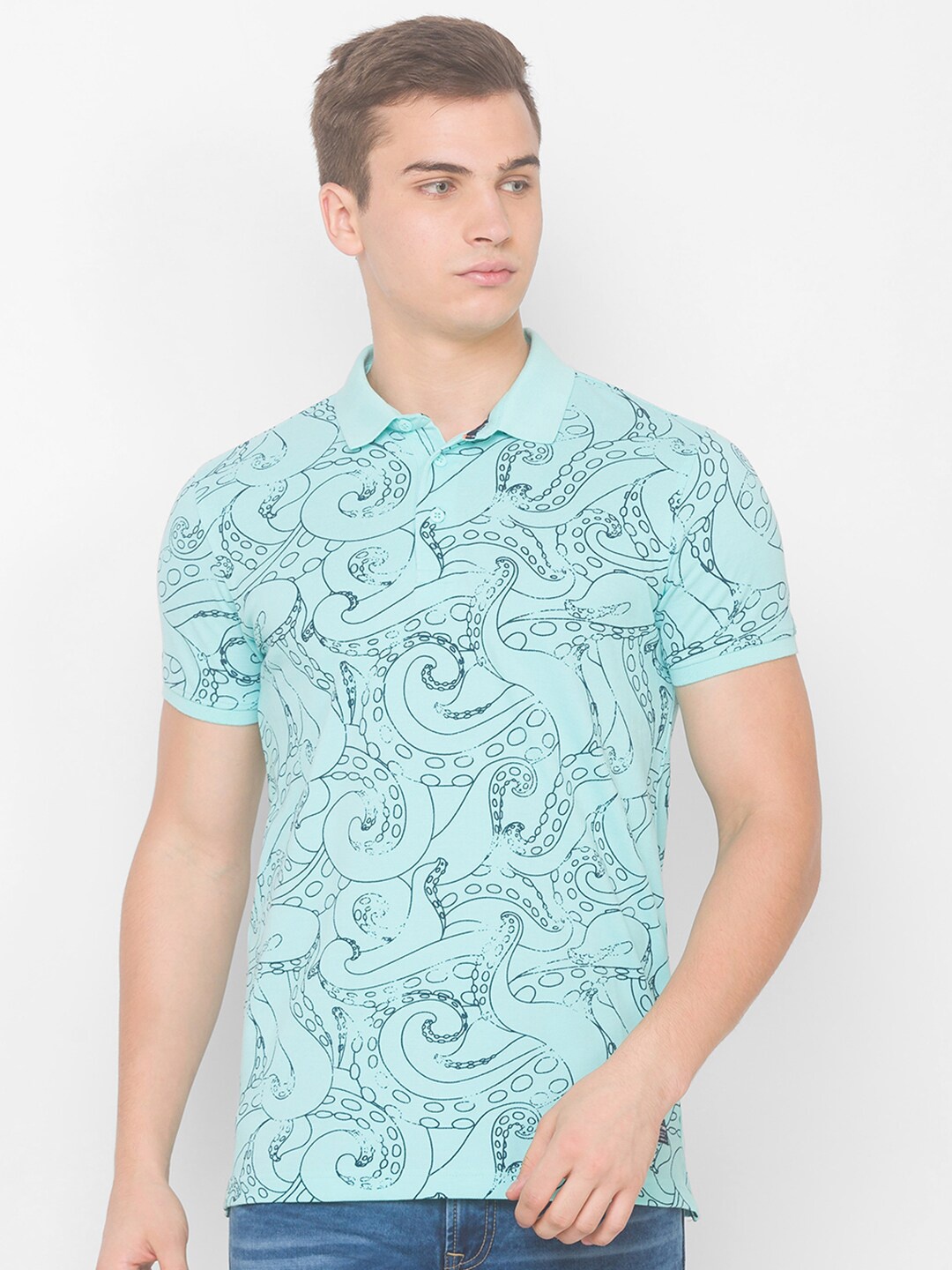 

SPYKAR Men Blue Floral Printed Polo Collar Cotton Slim Fit T-shirt