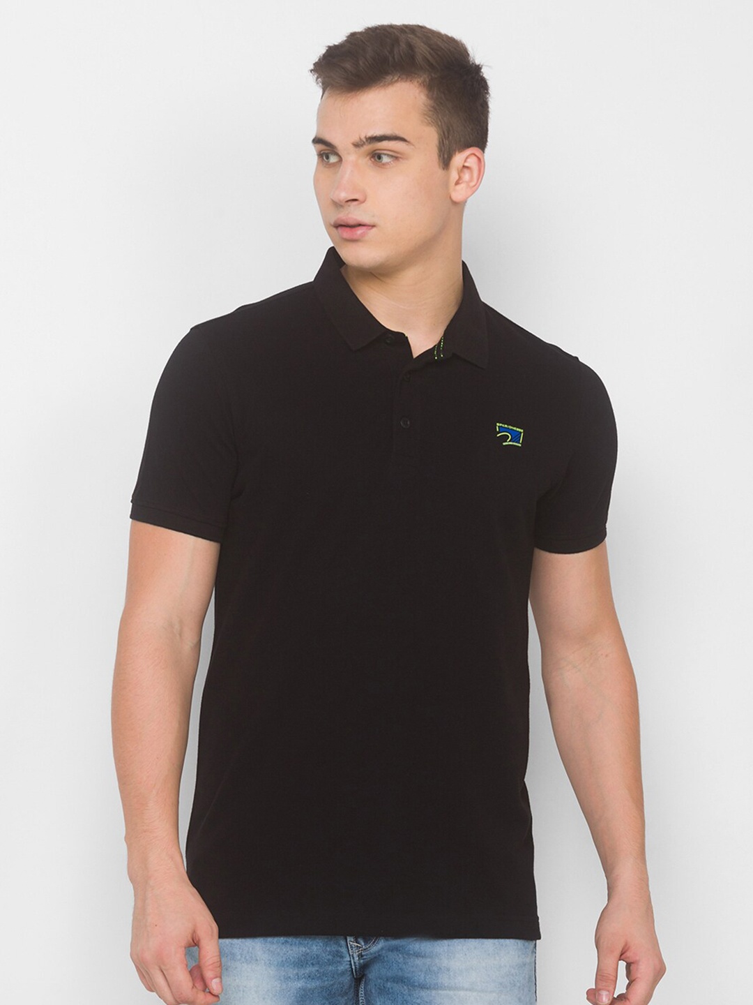 

SPYKAR Men Black Polo Collar Slim Fit Pure Cotton T-shirt