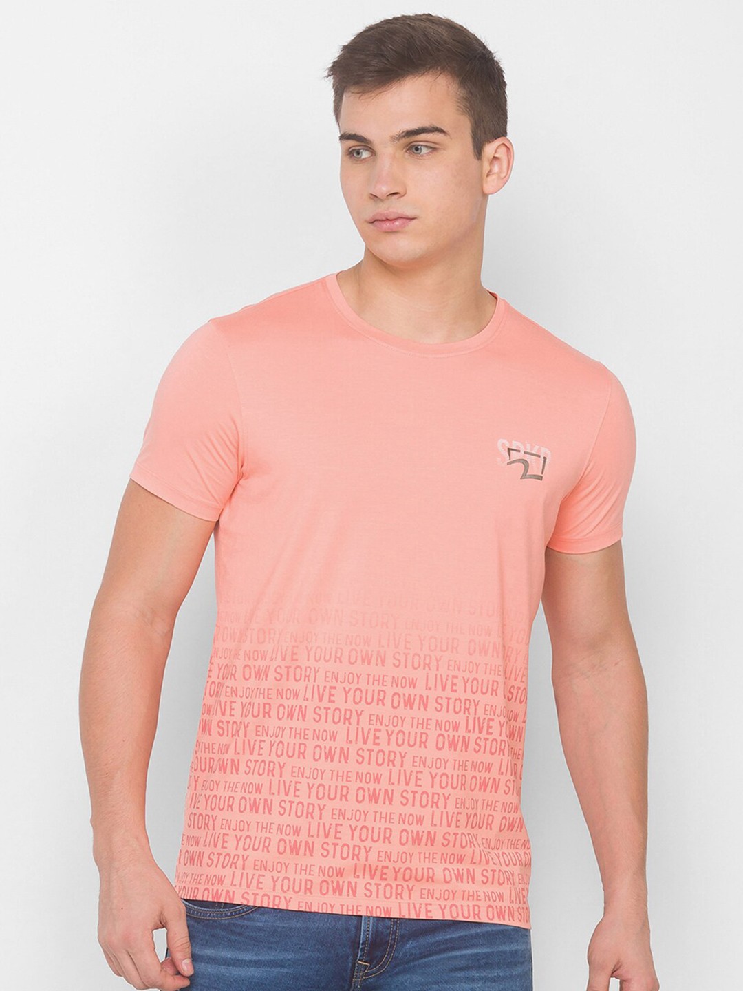 

SPYKAR Men Peach-Coloured Typography Printed Slim Fit T-shirt