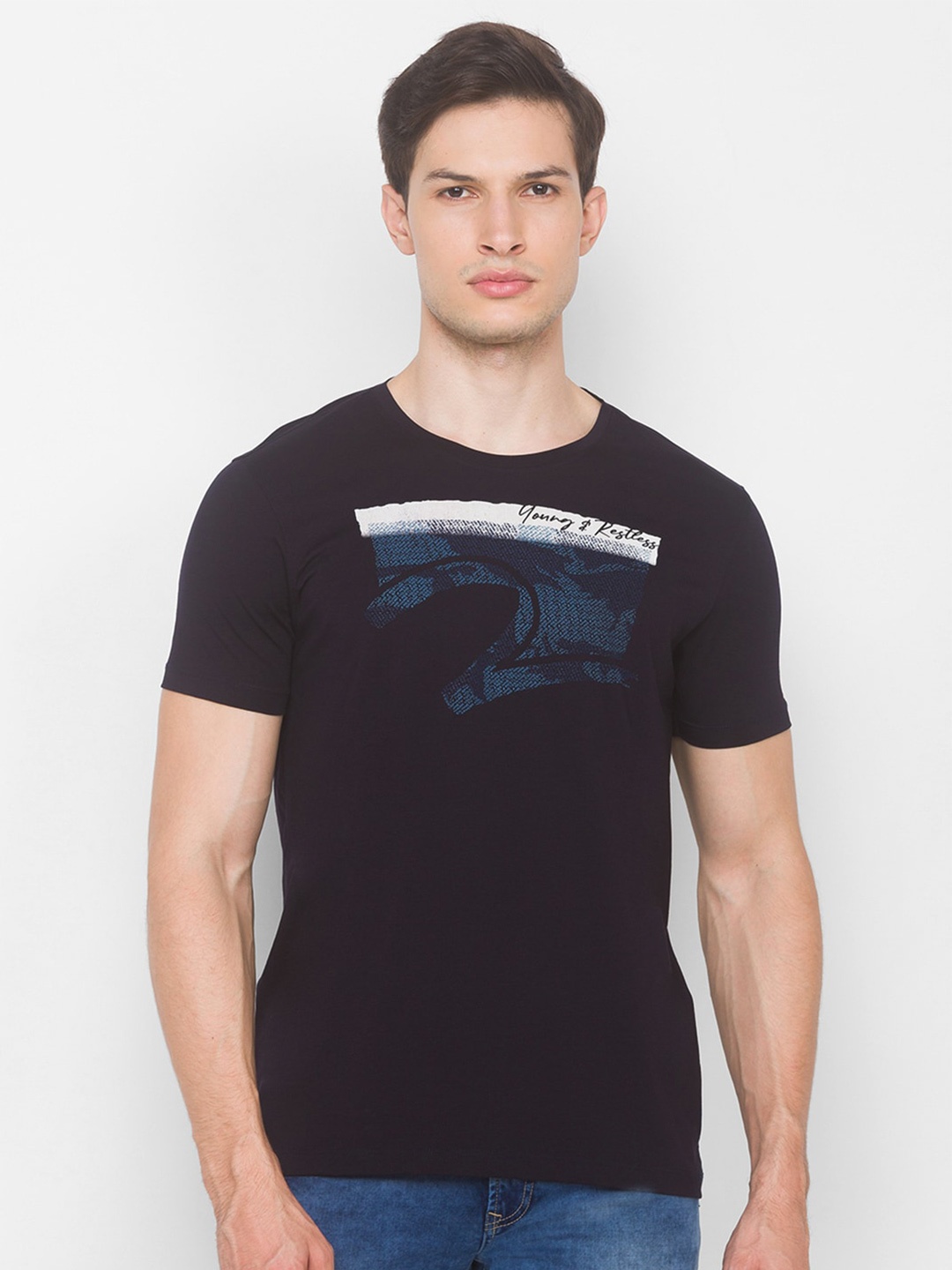 

SPYKAR Men Blue Printed Applique Slim Fit T-shirt