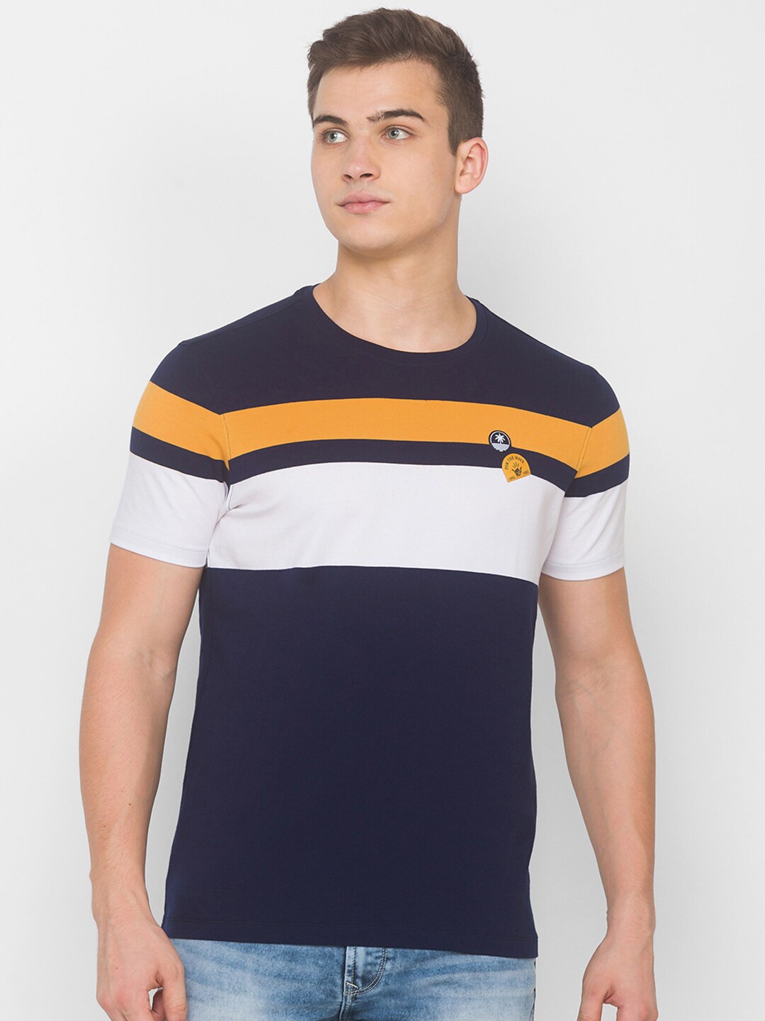 

SPYKAR Men Blue High Neck Applique Slim Fit T-shirt