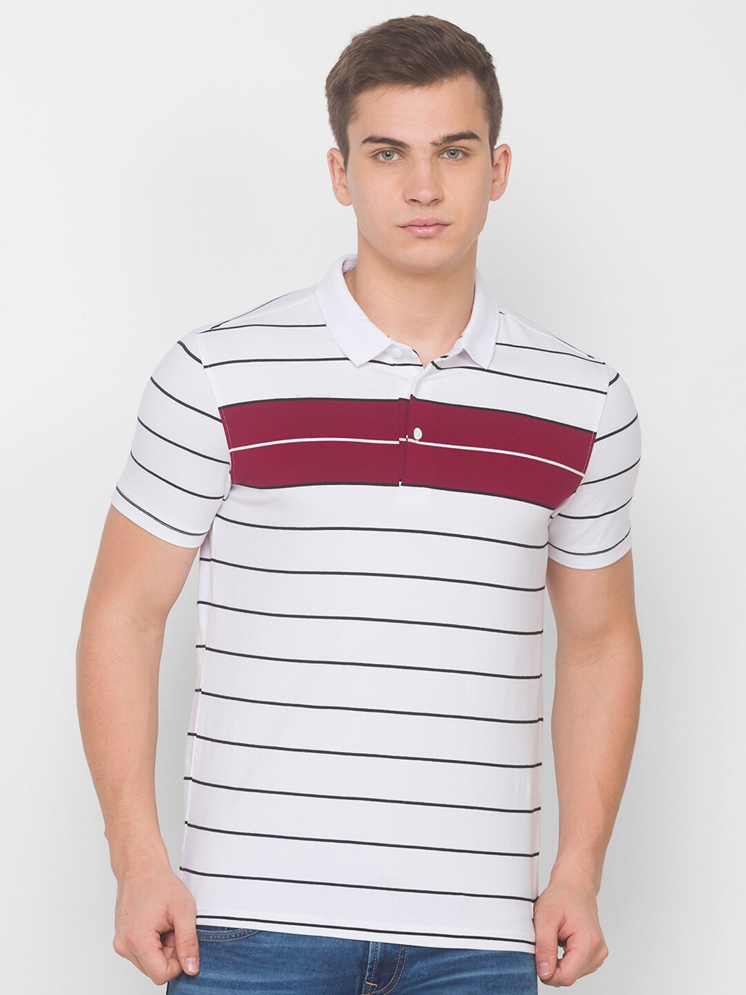 

SPYKAR Men White & Black Striped Polo Collar Slim Fit T-shirt
