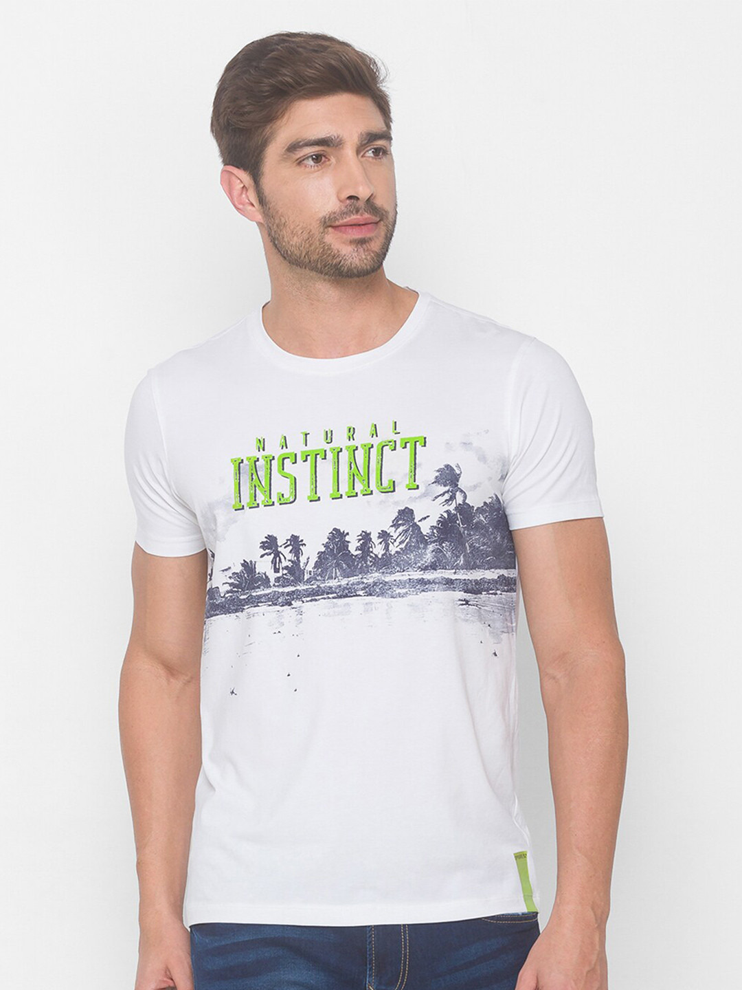 

SPYKAR Men White & Blue Typography Printed Slim Fit T-shirt