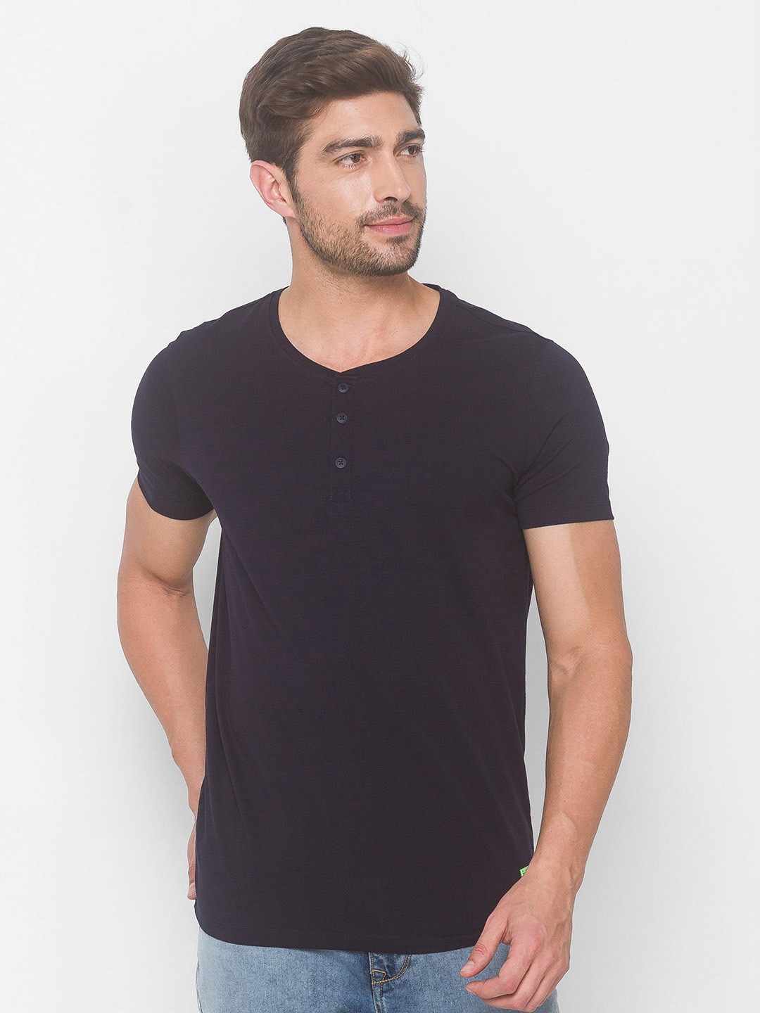 

SPYKAR Men Blue Henley Neck Slim Fit T-shirt