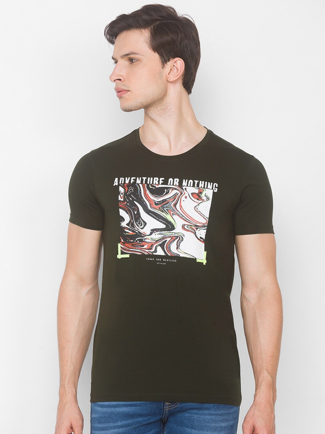 

SPYKAR Men Green Printed Applique Slim Fit T-shirt