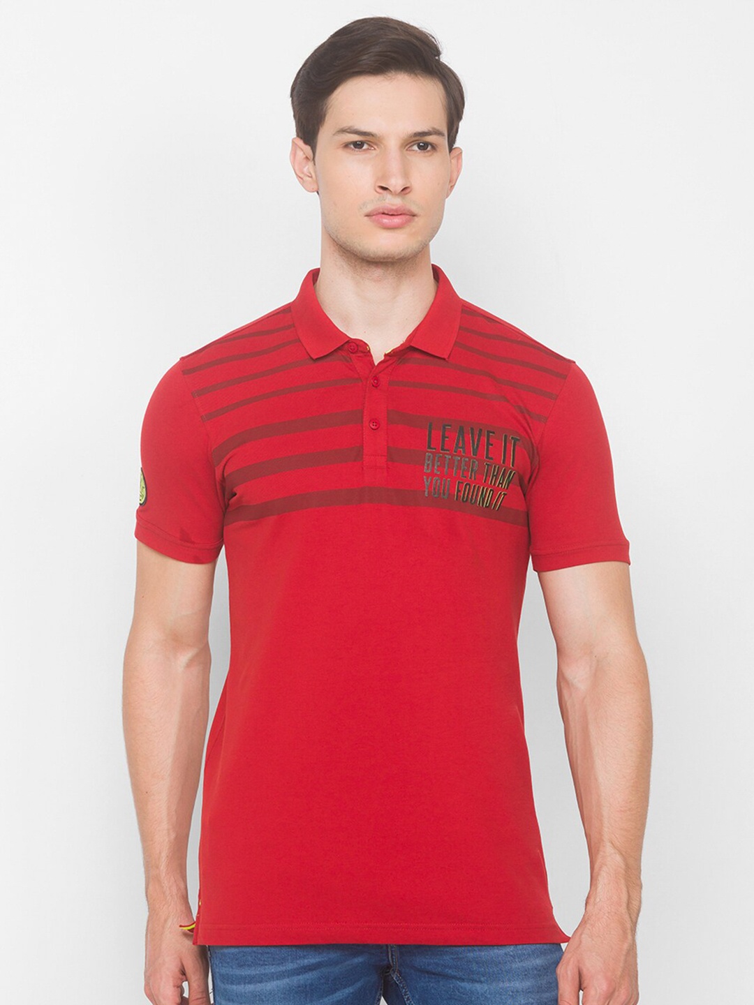 

SPYKAR Men Orange Striped Polo Collar Slim Fit T-shirt