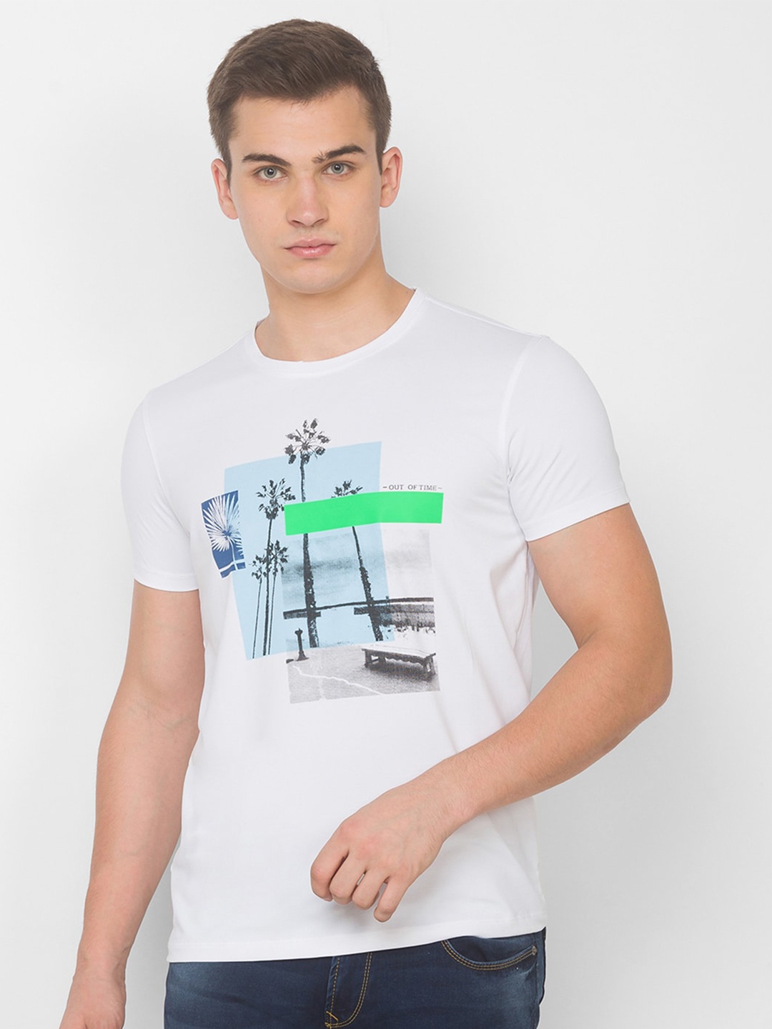 

SPYKAR Men White & Blue Printed Slim Fit T-shirt