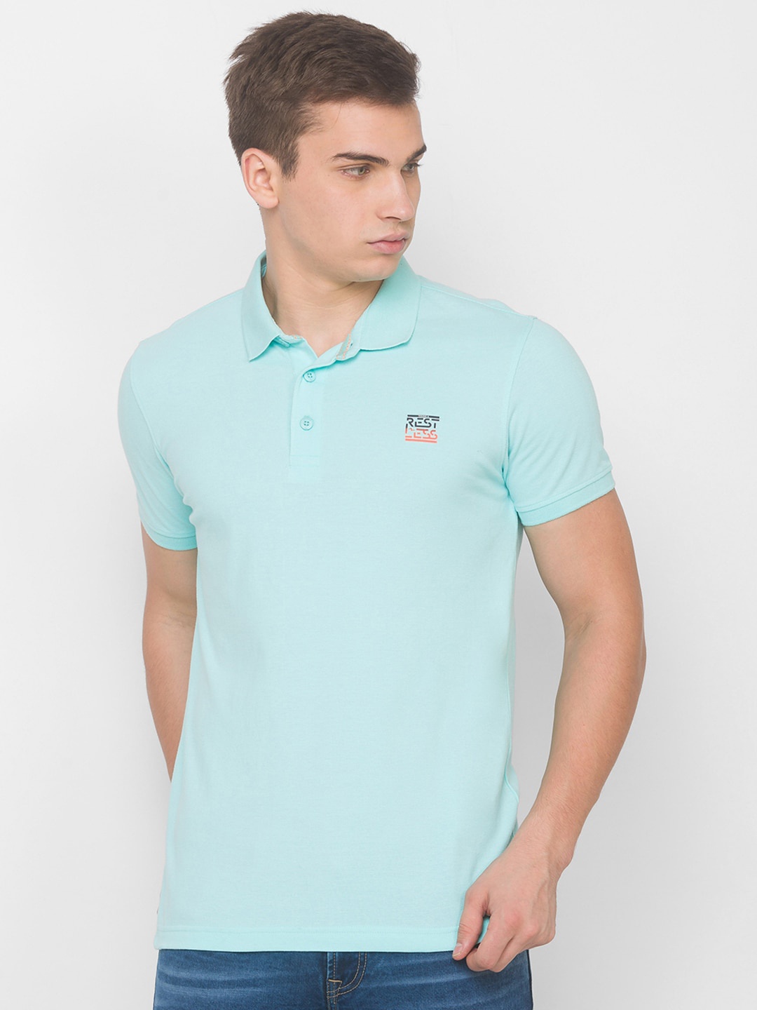 

SPYKAR Men Turquoise Blue Polo Collar Slim Fit Pure Cotton T-shirt