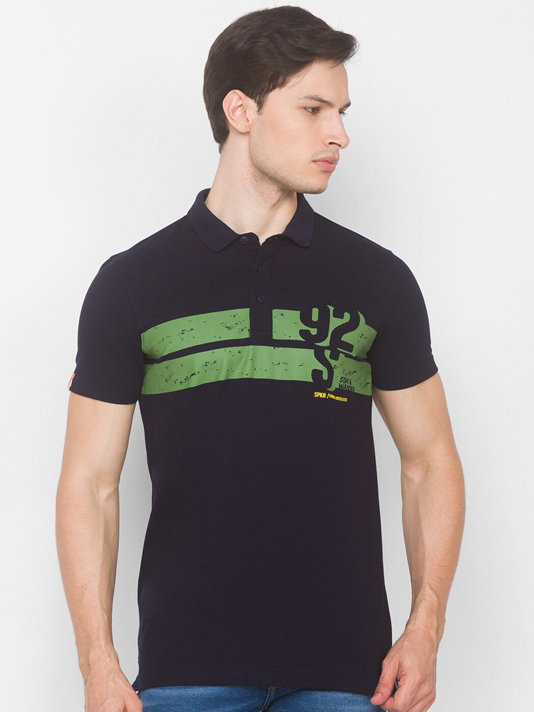 

SPYKAR Men Navy Blue & Green Typography Printed Polo Collar Slim Fit T-shirt