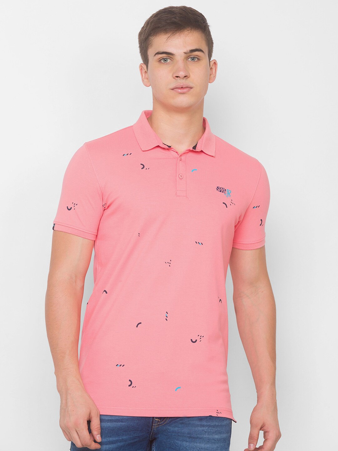 

SPYKAR Men Pink Printed Polo Collar Pockets Slim Fit T-shirt