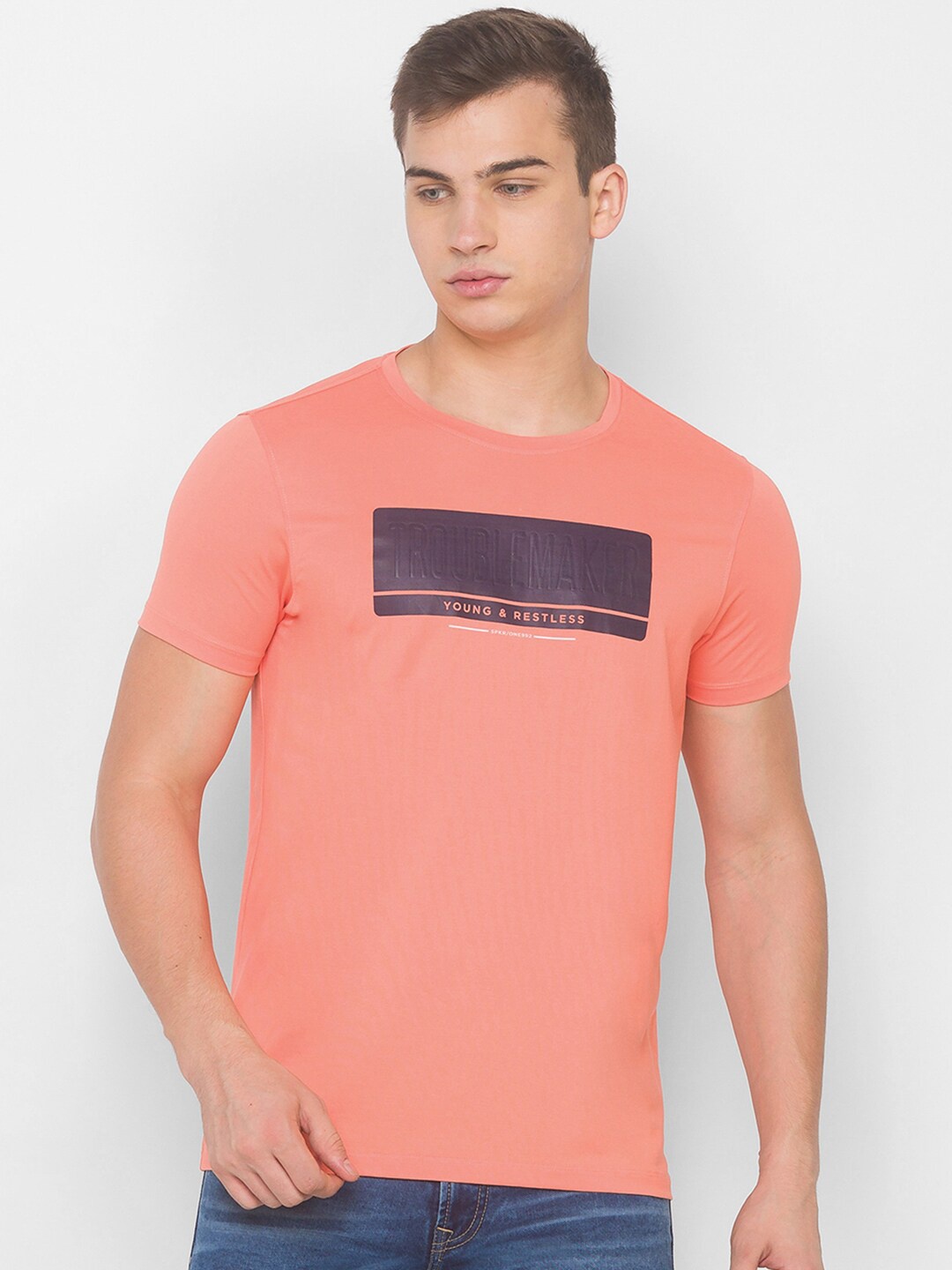 

SPYKAR Men Pink Typography Printed Slim Fit Pure Cotton T-shirt