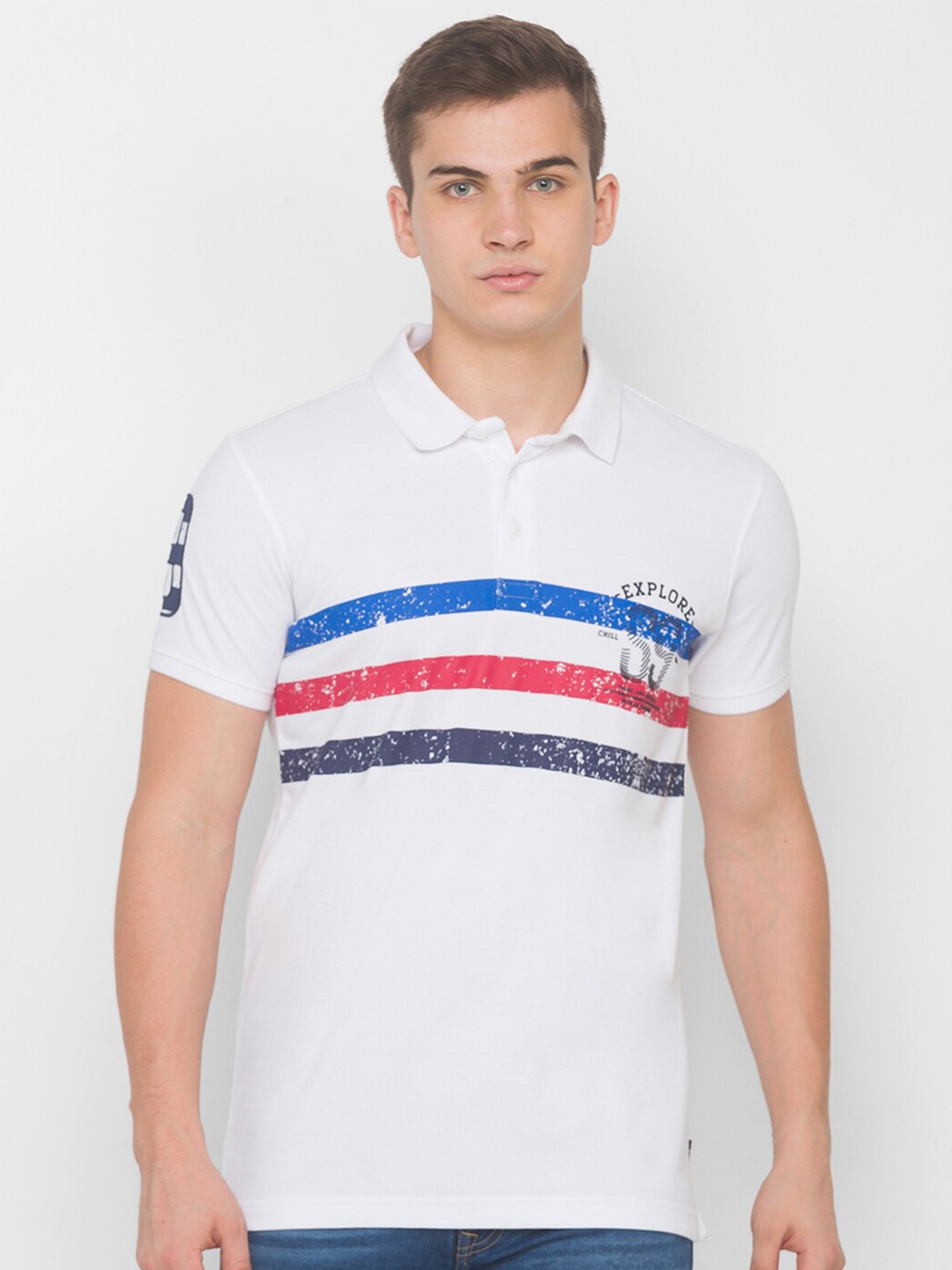 

SPYKAR Men White & Blue Striped Pure Cotton Polo Collar Slim Fit T-shirt