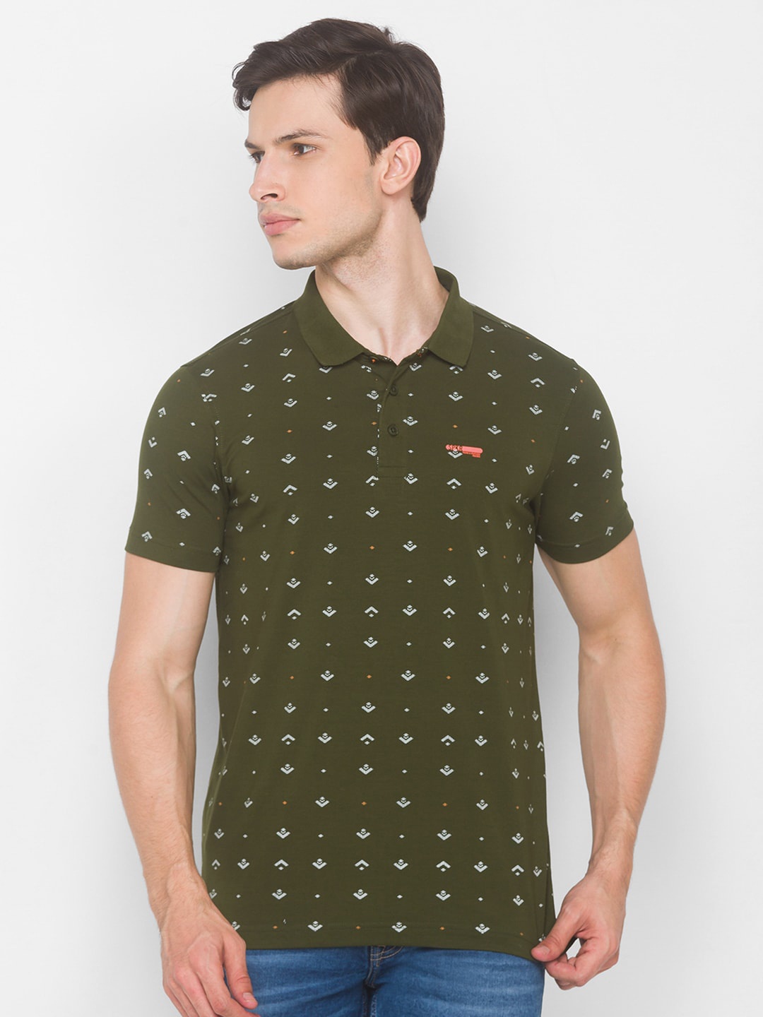 

SPYKAR Men Green & White Printed Polo Collar Slim Fit T-shirt