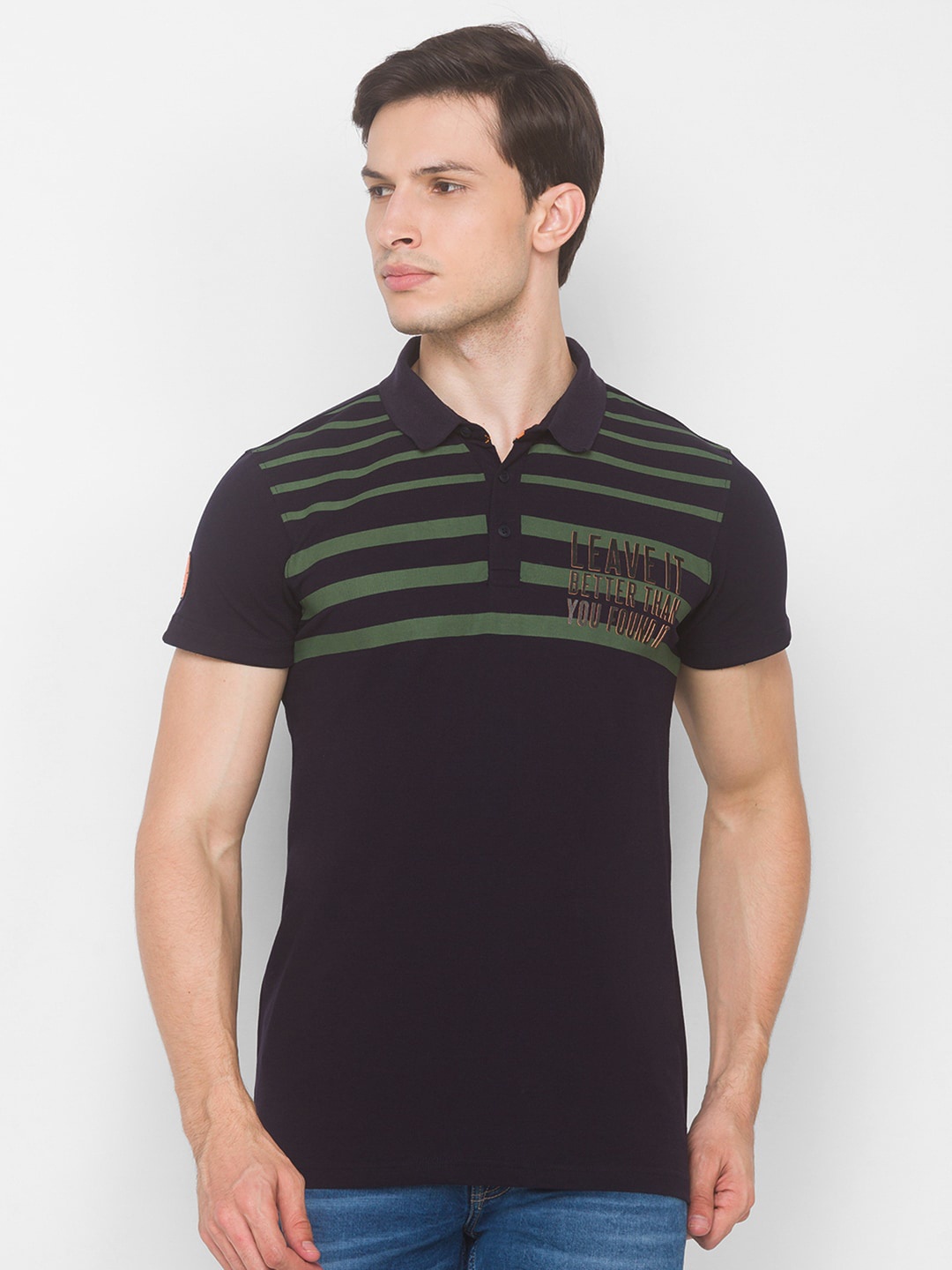 

SPYKAR Men Blue & Green Striped Polo Collar Slim Fit T-shirt