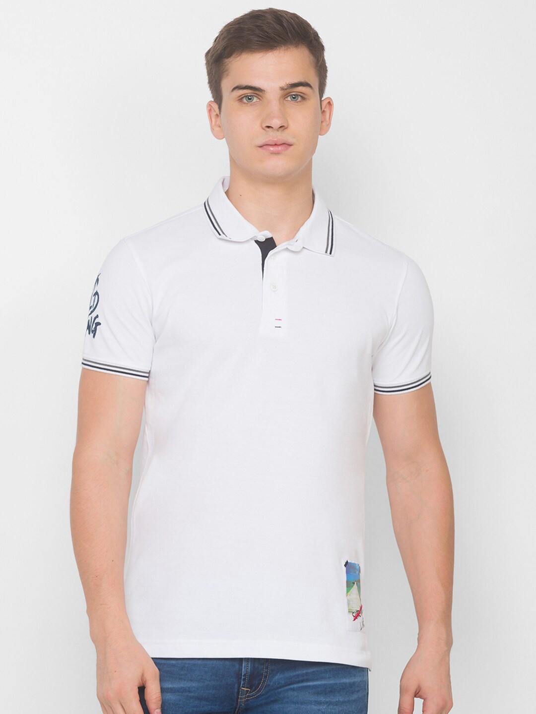

SPYKAR Men White & Blue Printed Polo Collar Slim Fit T-shirt