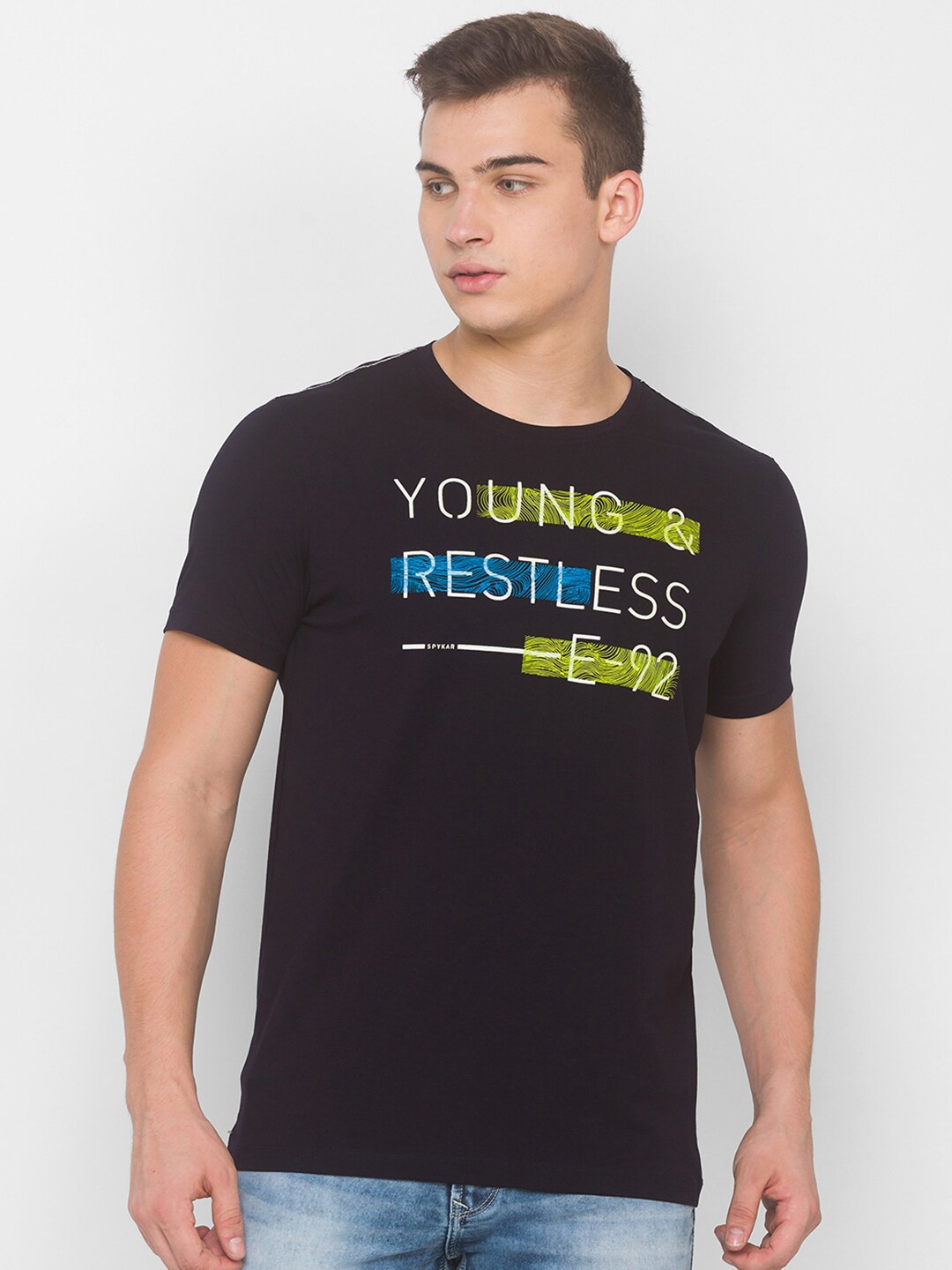 SPYKAR Men Blue & Yellow Typography Printed Slim Fit T-shirt