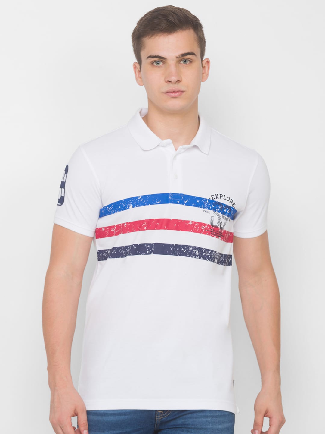 

SPYKAR Men White Striped Polo Collar Slim Fit T-shirt