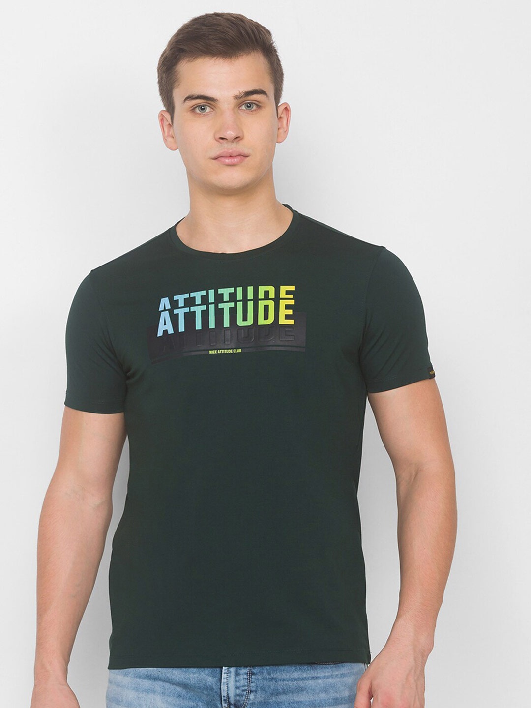 

SPYKAR Men Green & Blue Typography Printed Slim Fit T-shirt