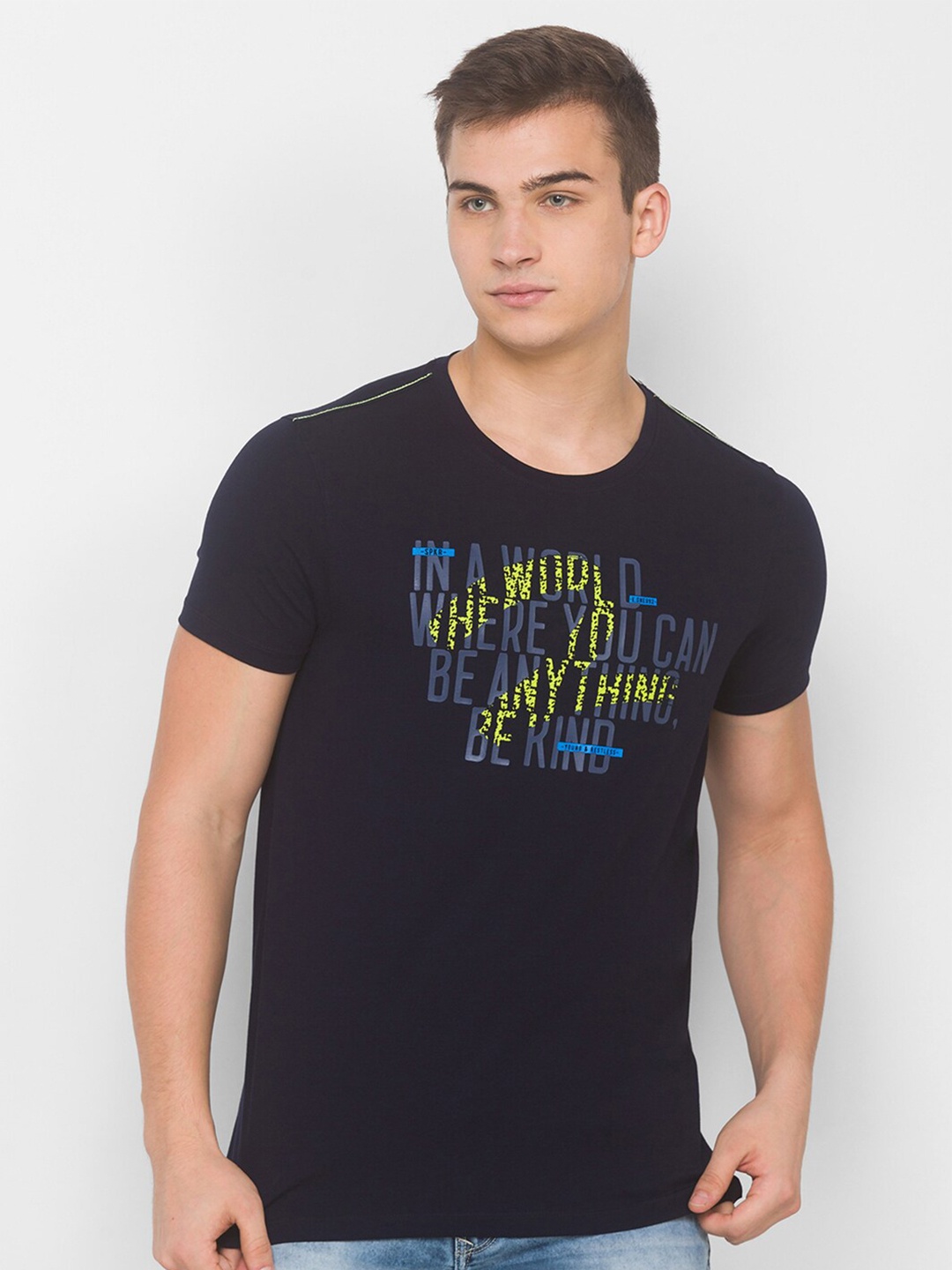 

SPYKAR Men Navy Blue & Yellow Typography Printed Slim Fit T-shirt
