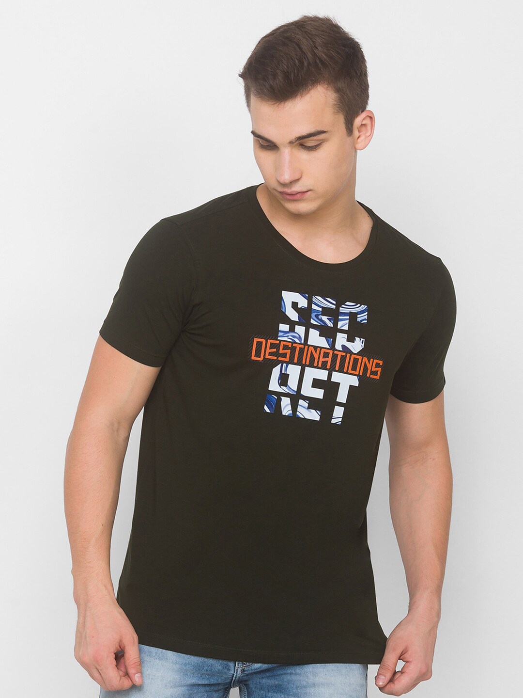 

SPYKAR Men Green & White Typography Printed Slim Fit T-shirt