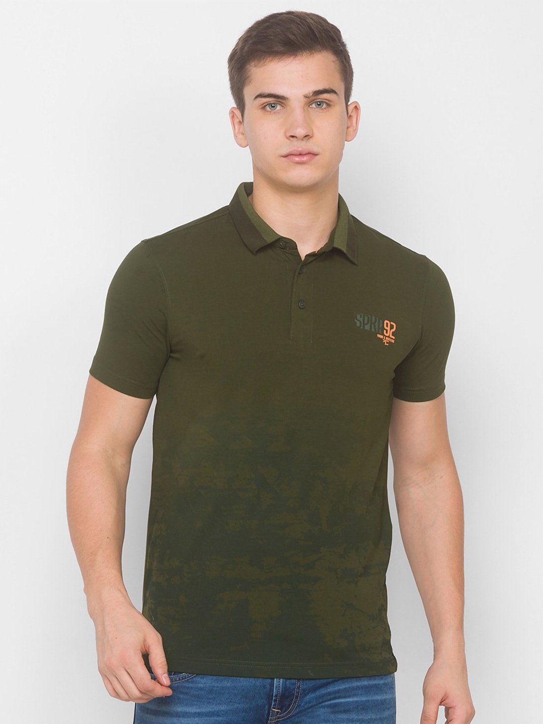 

SPYKAR Men Green Polo Collar Pure Cotton Slim Fit T-shirt