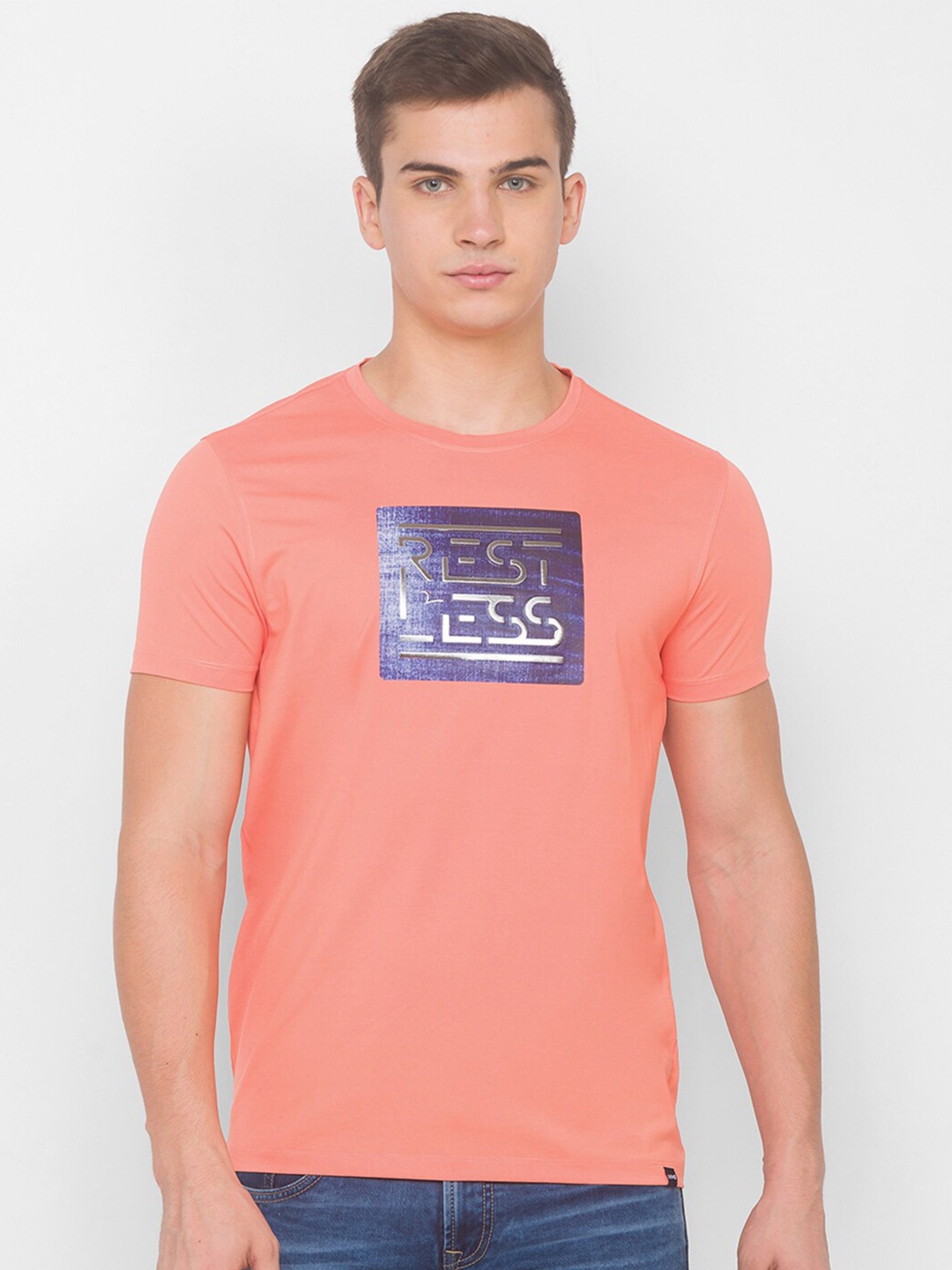 

SPYKAR Men Pink & Blue Printed Slim Fit Round Neck T-shirt